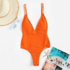 Romwe Letter Tape Ribbed High Leg One Piece Swim