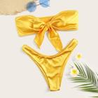 Romwe Neon Yellow Satin Bandeau With High Cut Bikini