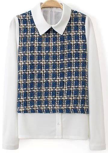 Romwe Blue Contrast Chiffon Lapel Plaid Blouse