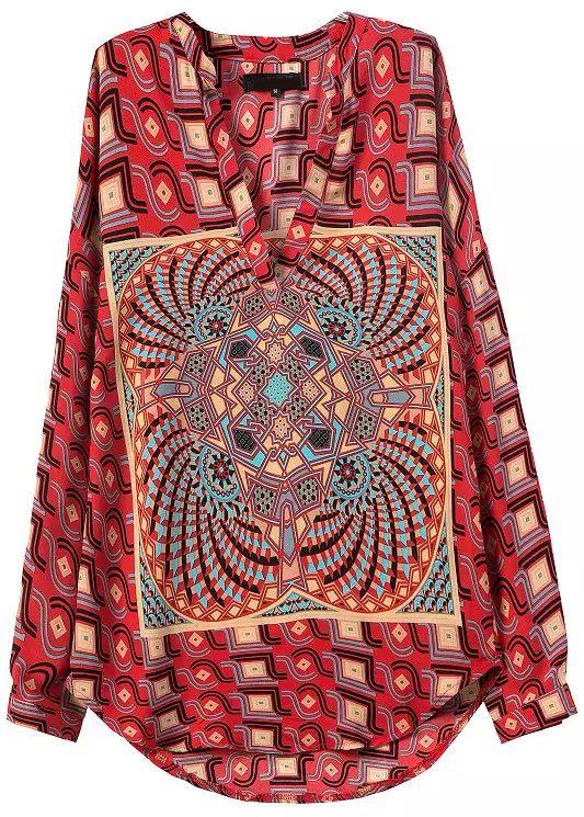Romwe Red V Neck Geometric Print Loose Blouse