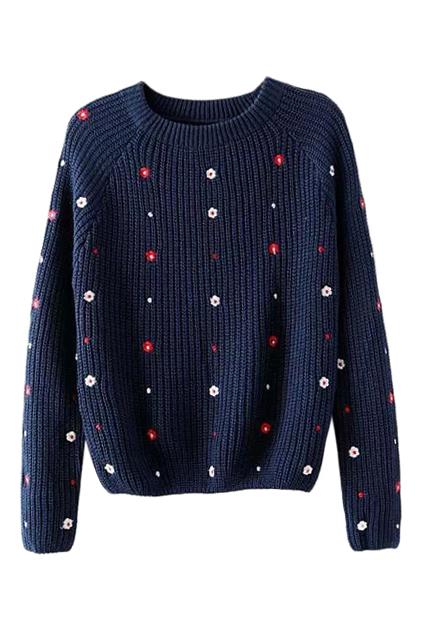 Romwe Flower Embroidered Navy Blue Jumper