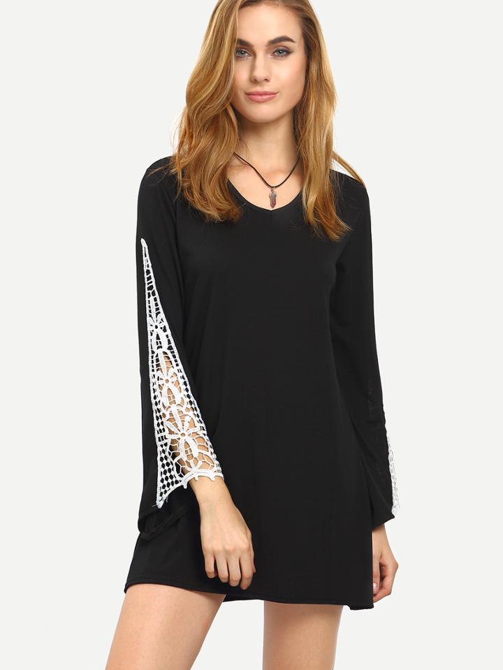 Romwe Contrast Lace Insert Black Shift Dress