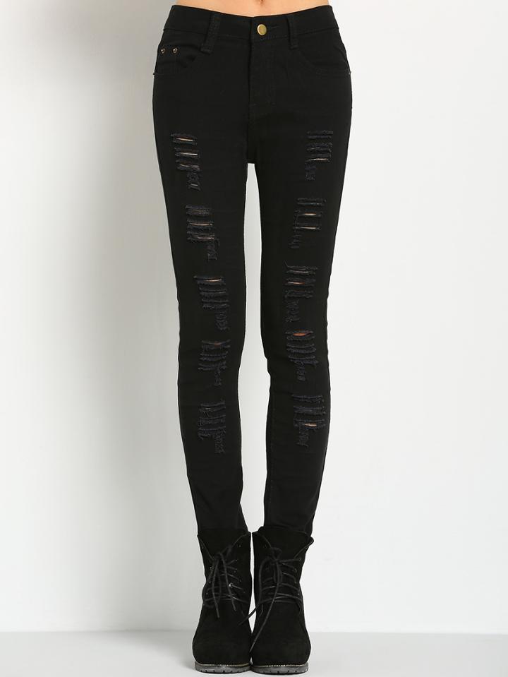 Romwe Women Ripped Elastic Denim Black Pant