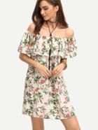 Romwe Ruffled Off-the-shoulder Flower Print Dress