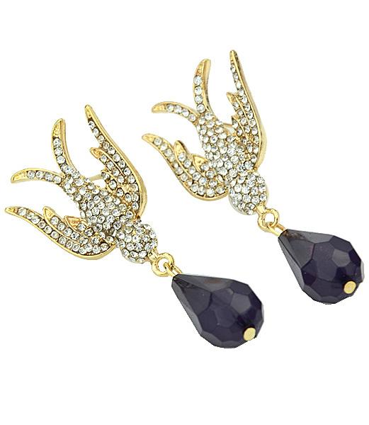 Romwe Purple Drop Gemstone Gold Diamond Swallow Earrings