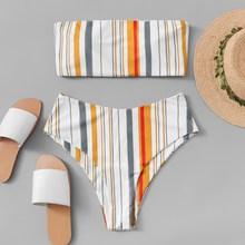Romwe Random Striped Bandeau With High Waist Bikini Set