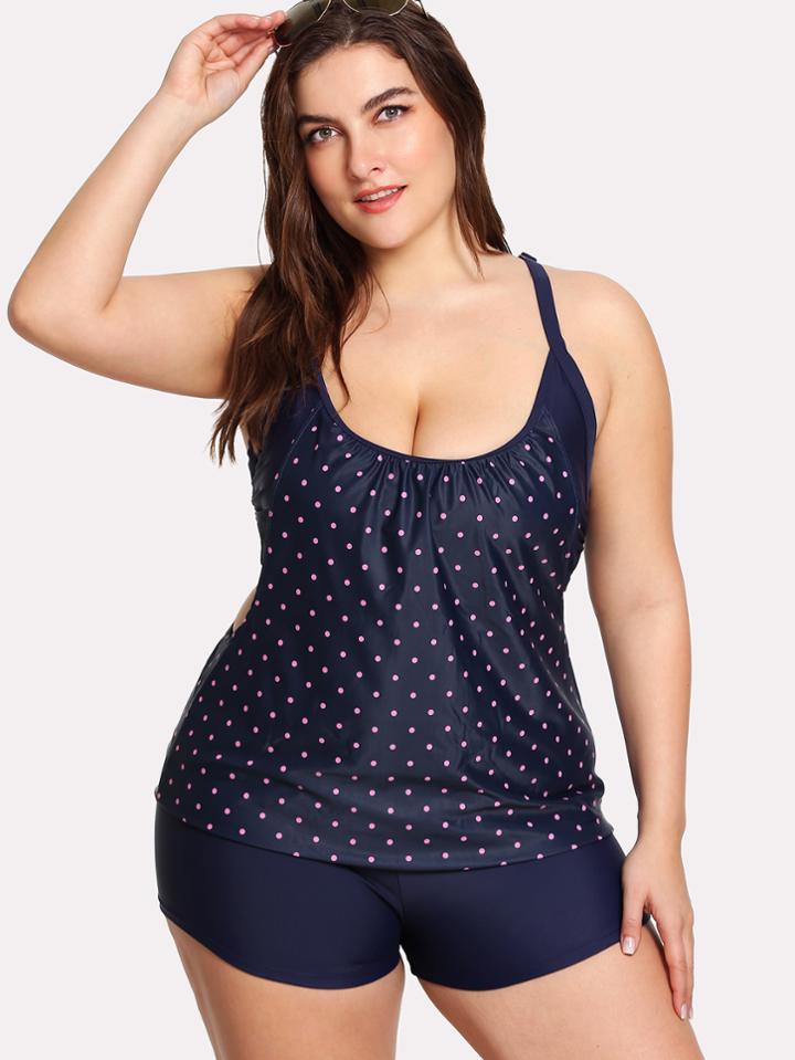 Romwe Cross Back Polka Dot Tankini Set