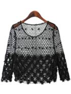 Romwe Black Long Sleeve Hollow Crochet Lace Blouse