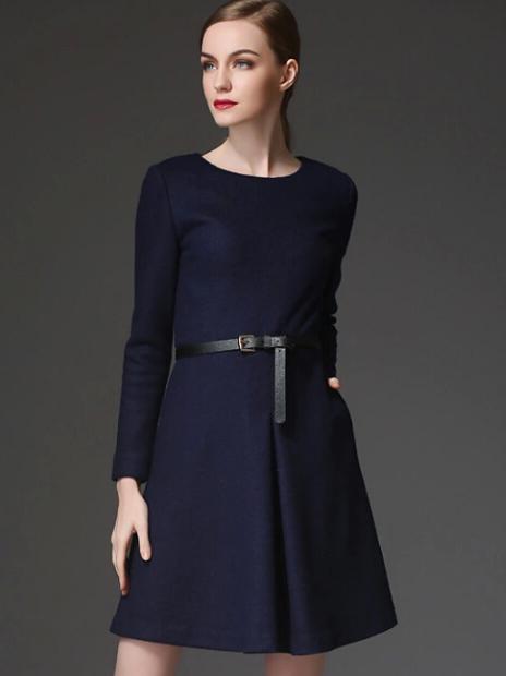 Romwe Navy Round Neck Long Sleeve Drawstring Pockets Dress