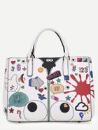 Romwe White Pu Cartoon Print Tote Bag With Clutch