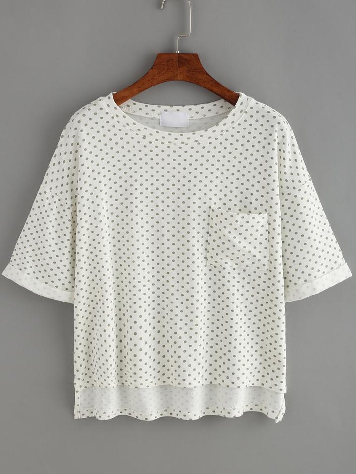 Romwe Dip Hem Polka Dot Pocket T-shirt