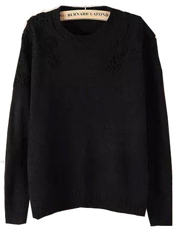 Romwe Black Embroidered Flower Sweater