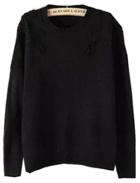 Romwe Black Embroidered Flower Sweater