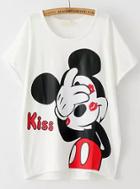 Romwe White Short Sleeve Kiss Mickey Print T-shirt