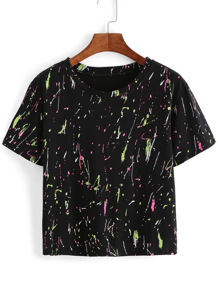 Romwe Speckled Print Black T-shirt
