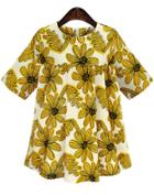 Romwe Half Sleeve Sunflower Print Shift Yellow Dress
