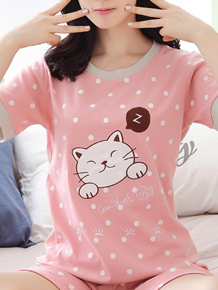 Romwe Cat & Dot Print Tee & Shorts Pj Set