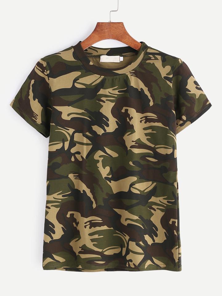 Romwe Camo Print Short Sleeve T-shirt