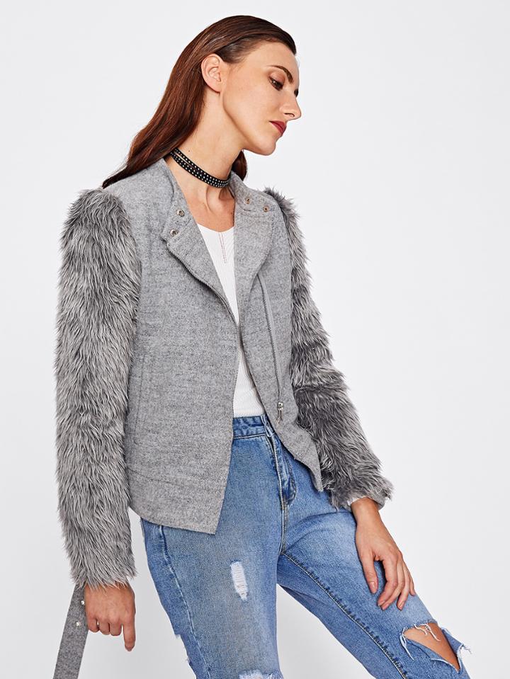 Romwe Faux Fur Sleeve Belted Hem Heathered Jacket