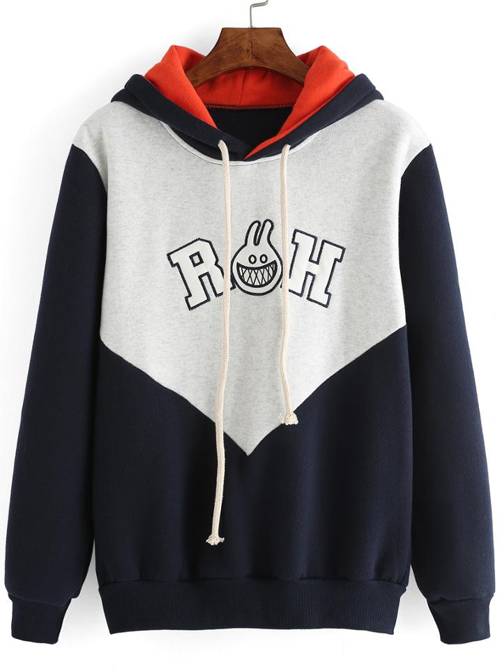 Romwe Color-block Drawstring Letter Embroidered Sweatshirt