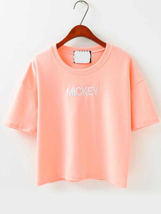 Romwe Mickey Embroidered Pink T-shirt
