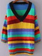 Romwe Multicolor Striped V Neck Loose Sweater