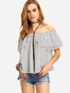 Romwe Black And White Striped Ruffle Off The Shoulder Blouse