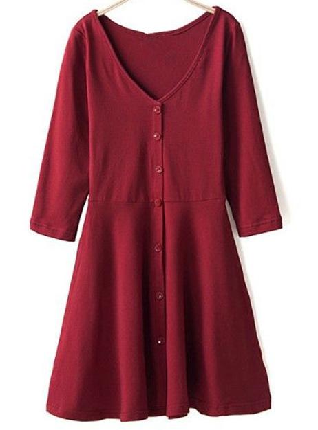 Romwe V Neck Buttons Slim Red Dress