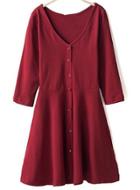 Romwe V Neck Buttons Slim Red Dress