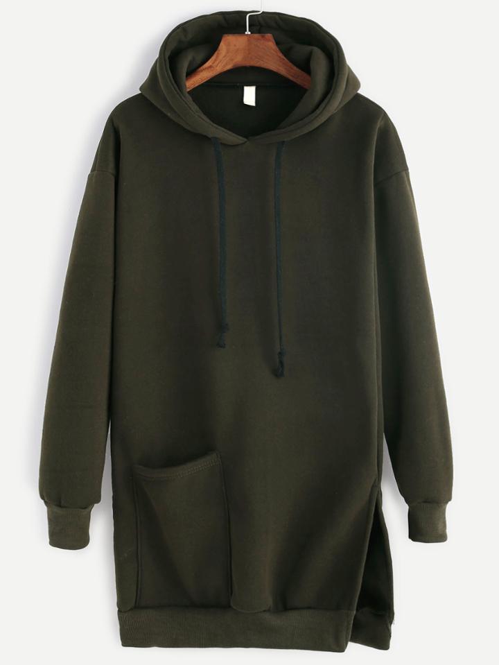 Romwe Dark Green Slit Side Pocket Drawstring Hooded Long Sweatshirt