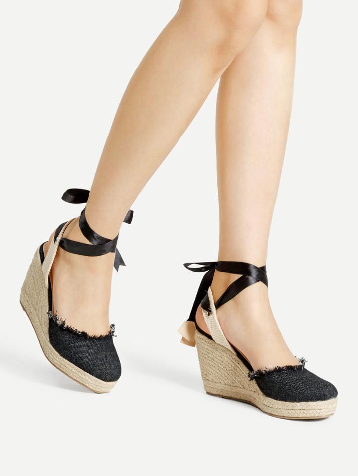Romwe Ankle Wrap Denim Wedge Sandals