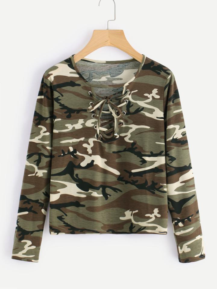 Romwe Camo Print Eyelet Lace Up Front Tee