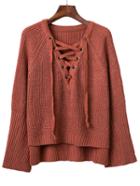 Romwe Maroon V Neck Lace Up Raglan Sleeve Sweater
