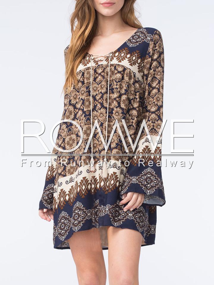 Romwe Tribal Print Drawstring Neck Shift Dress