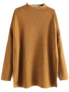 Romwe Mock Neck Dropped Shoulder Seam Split Side Khaki Sweater
