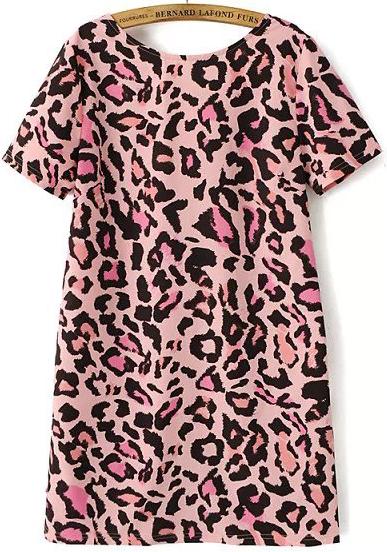 Romwe Pink Short Sleeve Backless Leopard Dress