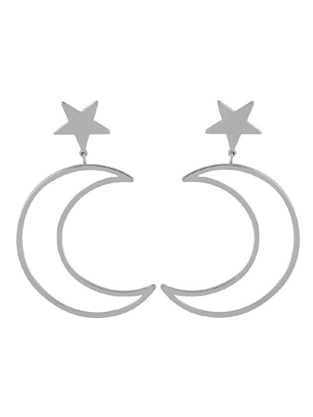 Romwe Silver Simple Star Moon Long Earrings