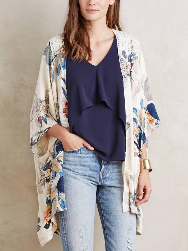 Romwe Crochet Insert Open Front Print Blouse
