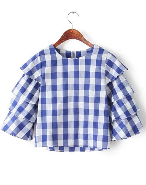 Romwe Blue Round Neck Cake Sleeve Plaid Blouse
