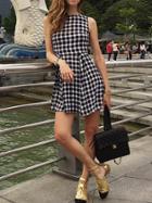 Romwe Black And White Sleeveless Plaid A-line Dress