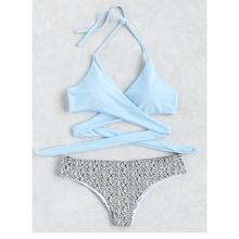 Romwe Wrap Halter Top With Snake Print Bikini Set
