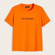 Romwe Guys Letter Print Rolled Up Sleeve T-shirt