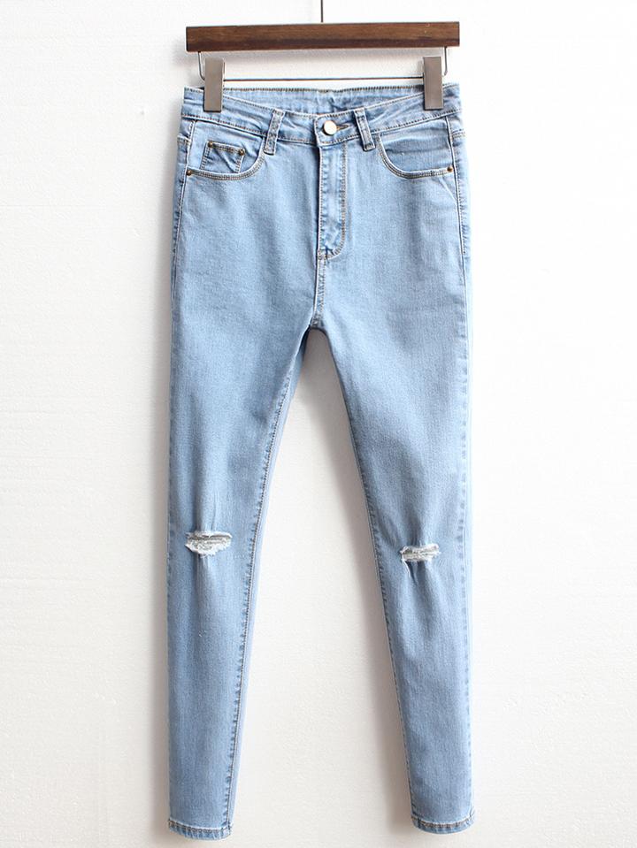 Romwe High Waist Ripped Denim Slim Pale Blue Pant