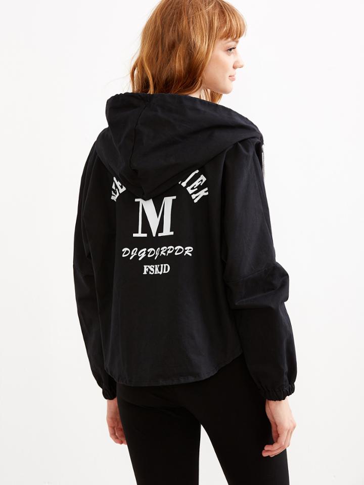 Romwe Black Letter Print Drop Shoulder High Low Hooded Coat