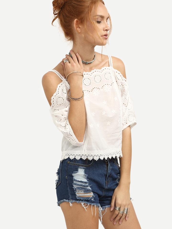 Romwe Cold Shoulder Lace Trimmed Eyelet Embroidered Top - White