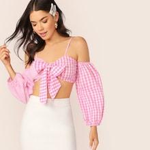 Romwe Gingham Print Lantern Sleeve Tie Front Crop Top