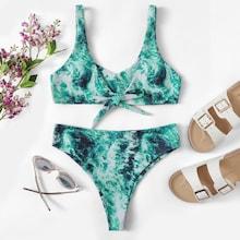 Romwe Random Ink Drawing Tie Front Bikini Set