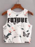 Romwe White Florals Butterfly Print Tank Top