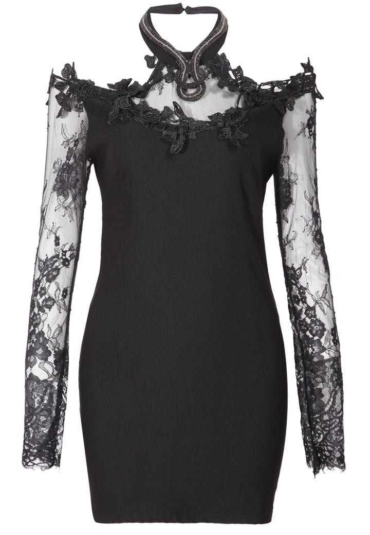 Romwe Halter Neck Long Sleeve With Sheer Mesh Bodycon Dress