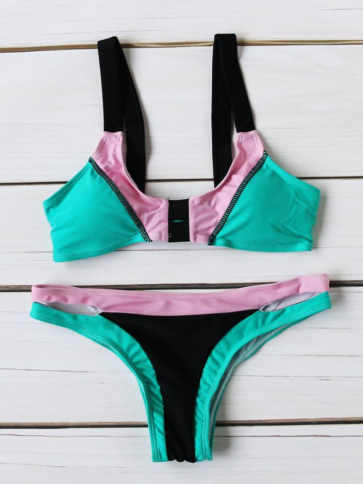Romwe Color Block Cutout Detail Bikini Set